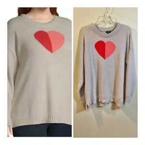 ANA A New Approach Women's Plus 0X Crew Neck Pullover Sweater Oatmeal Heart
